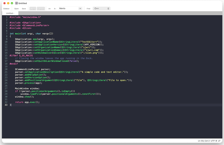 TextEditor+ editing an HTML file with syntax highlighting in the dark Dracula theme