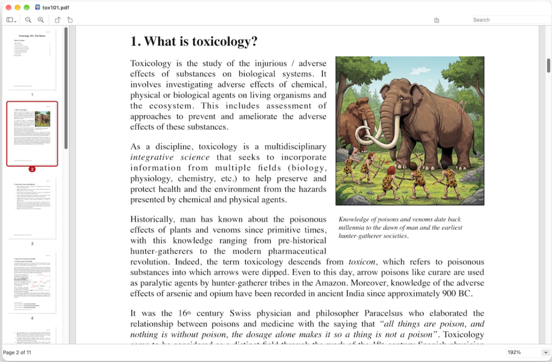 XPreview+ showing an OpenDocument text file with the page thumbnail sidebar